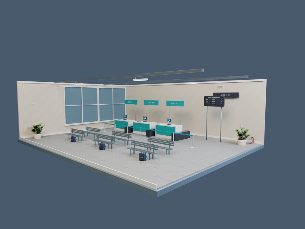【3D背景】079 地方空港ロビー / Regional Airport【FBX・GLB・BLEND】