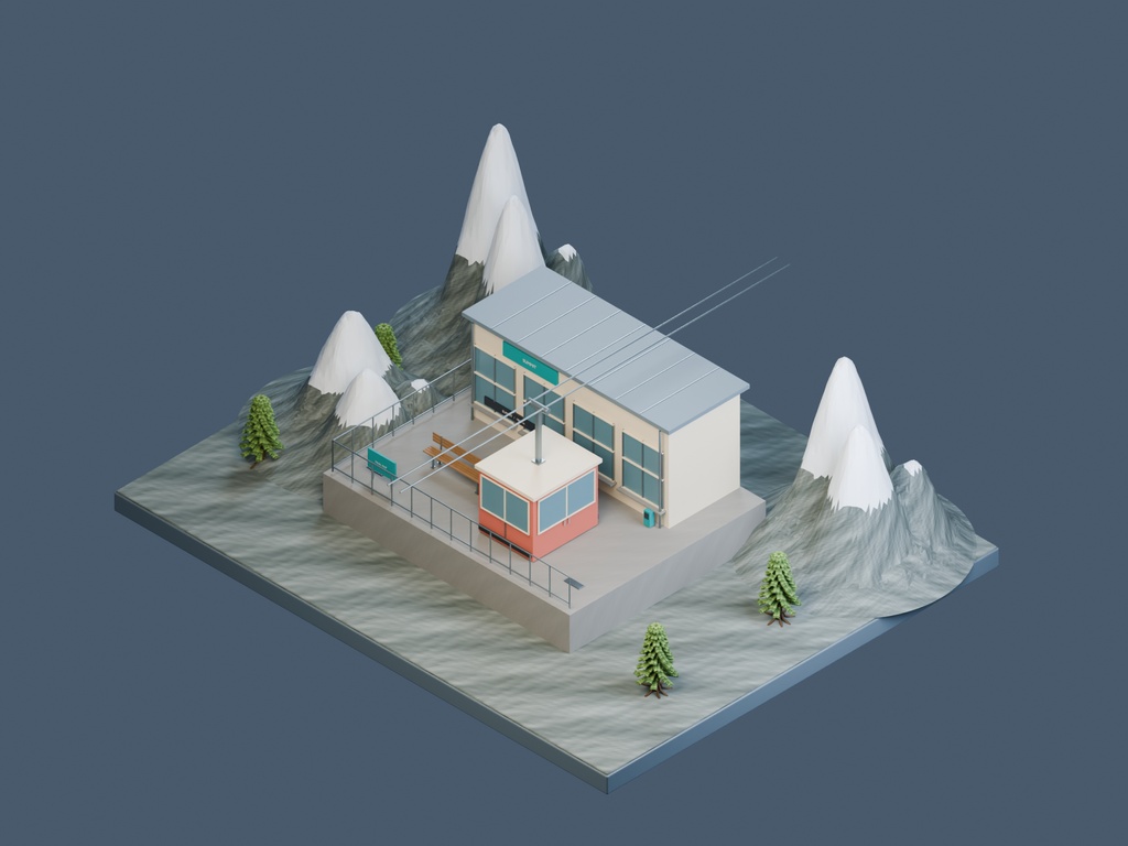 【3D背景】082 ロープウェイ山頂駅 / Ropeway Station【FBX・GLB・BLEND】