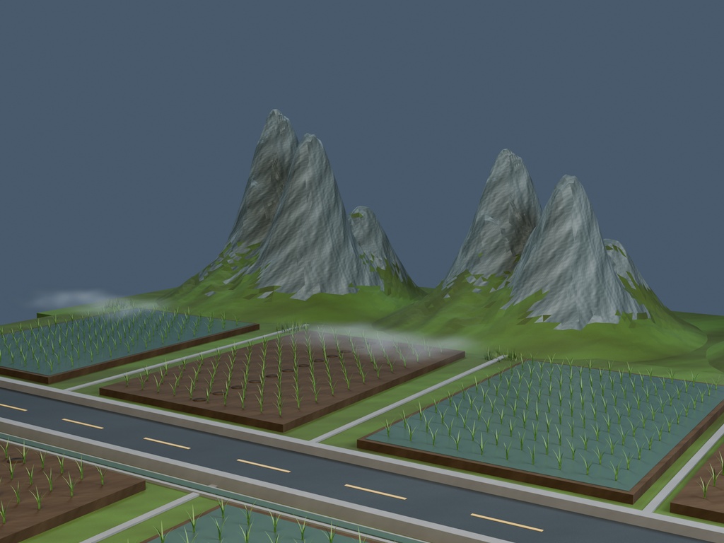 【3D背景】094 朝靄の田園 / Morning Mist Fields【FBX・GLB・BLEND】