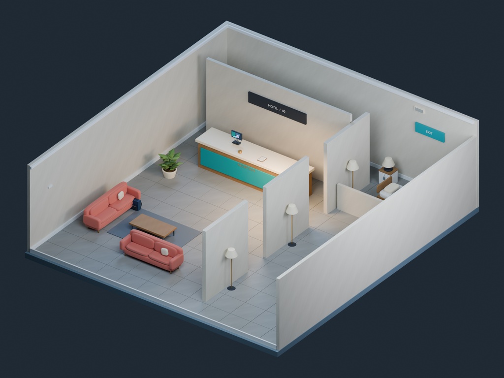 【3D背景】096 無人ホテル / Empty Hotel【FBX・GLB・BLEND】