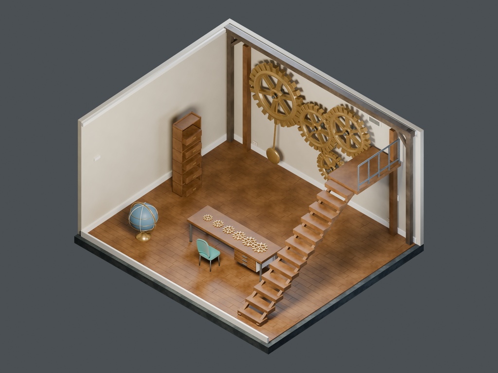 【3D背景】107 歯車塔の工房 / Clockwork Loft【FBX・GLB・BLEND】