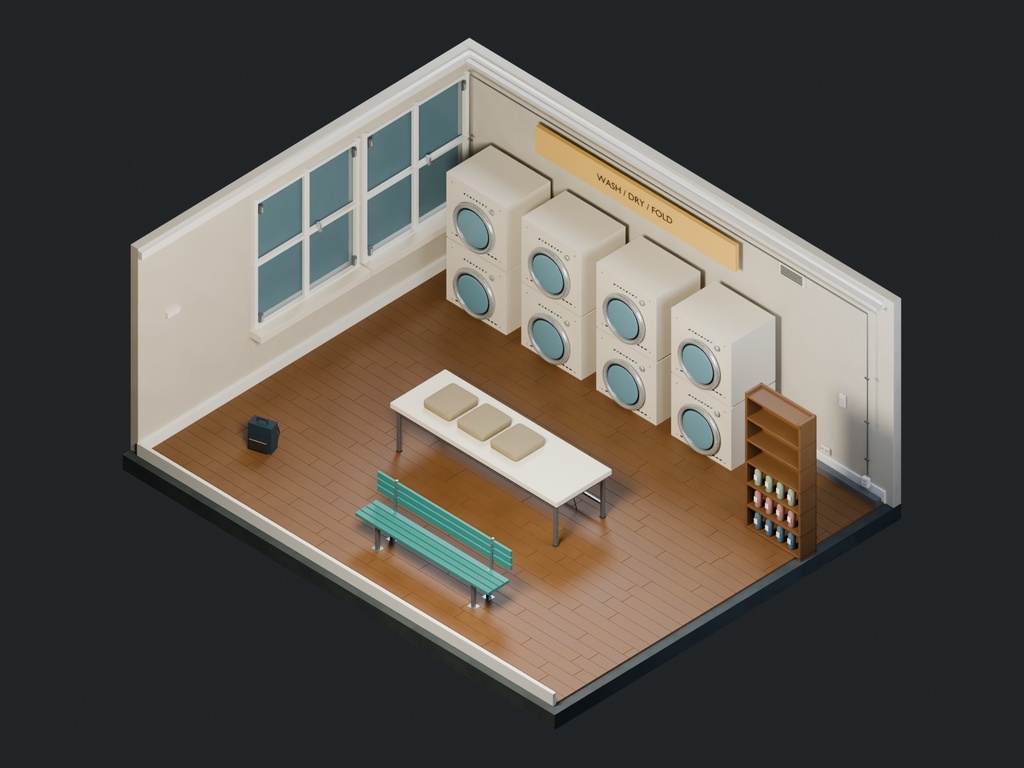 【3D背景】112 雨夜のコインランドリー / Rainy Laundrette【FBX・GLB・BLEND】