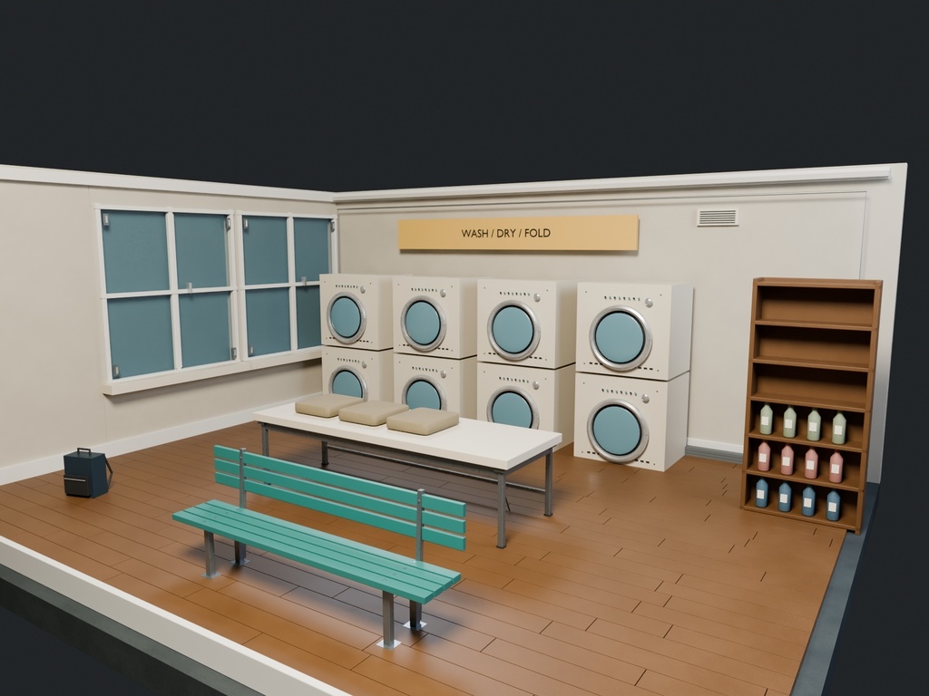 【3D背景】112 雨夜のコインランドリー / Rainy Laundrette【FBX・GLB・BLEND】