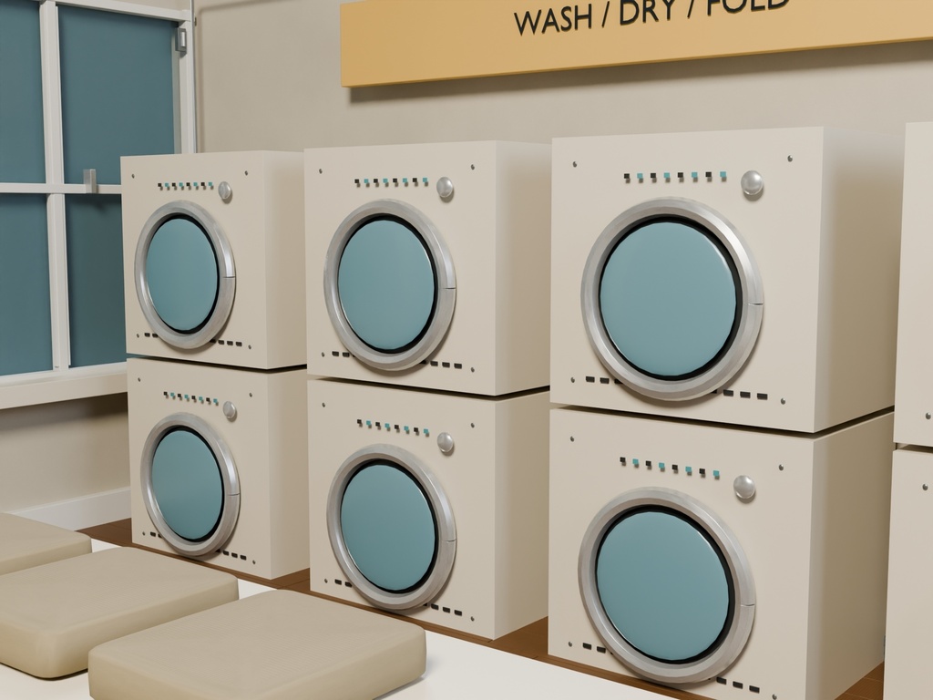 【3D背景】112 雨夜のコインランドリー / Rainy Laundrette【FBX・GLB・BLEND】