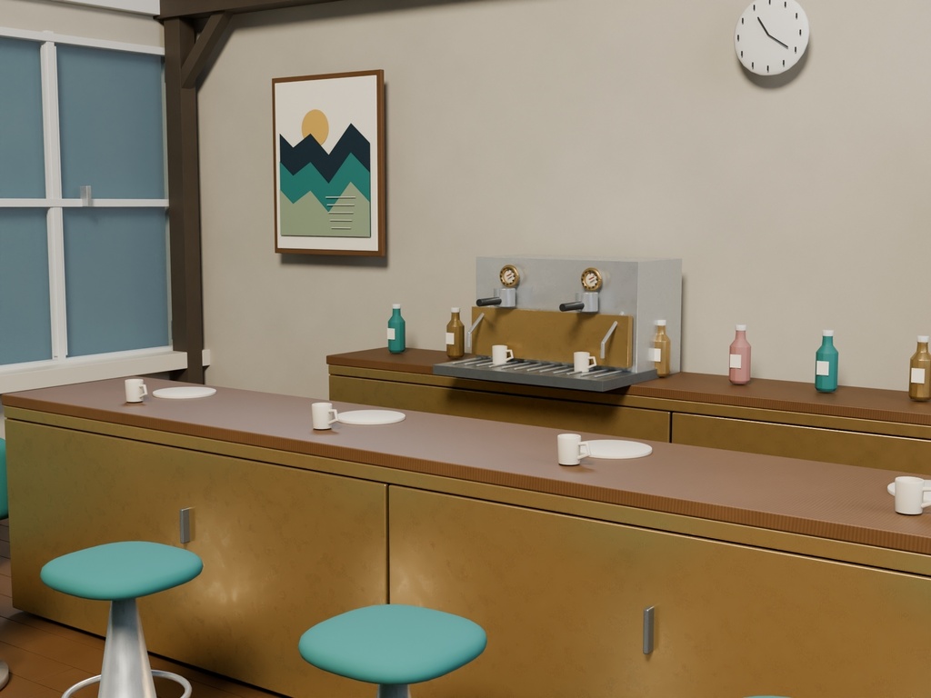【3D背景】115 琥珀色の喫茶室 / Amber Coffee House【FBX・GLB・BLEND】