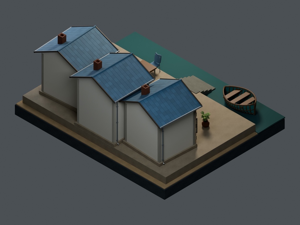 【3D背景】125 青い海辺の路地 / Blue Coastal Alley【FBX・GLB・BLEND】