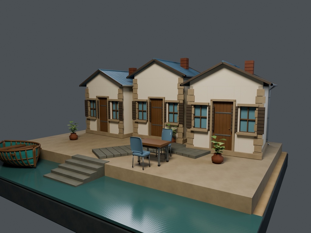 【3D背景】125 青い海辺の路地 / Blue Coastal Alley【FBX・GLB・BLEND】