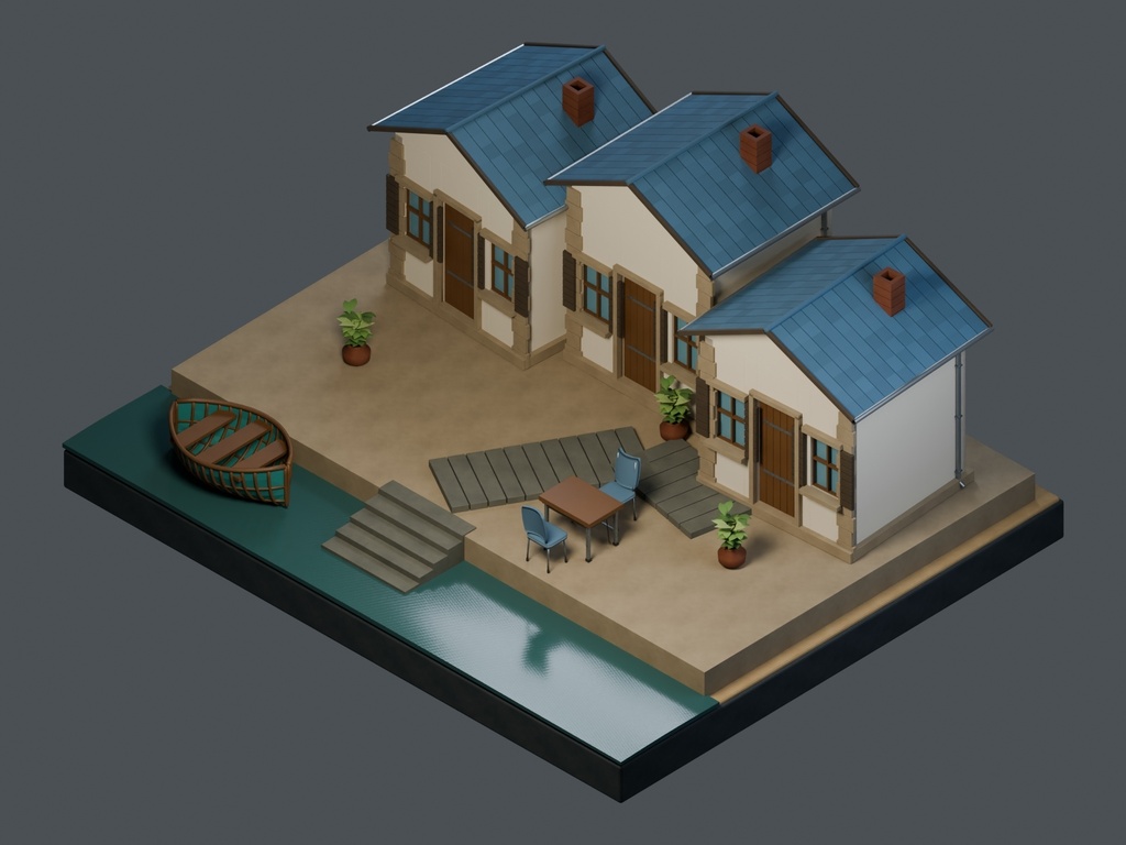 【3D背景】125 青い海辺の路地 / Blue Coastal Alley【FBX・GLB・BLEND】