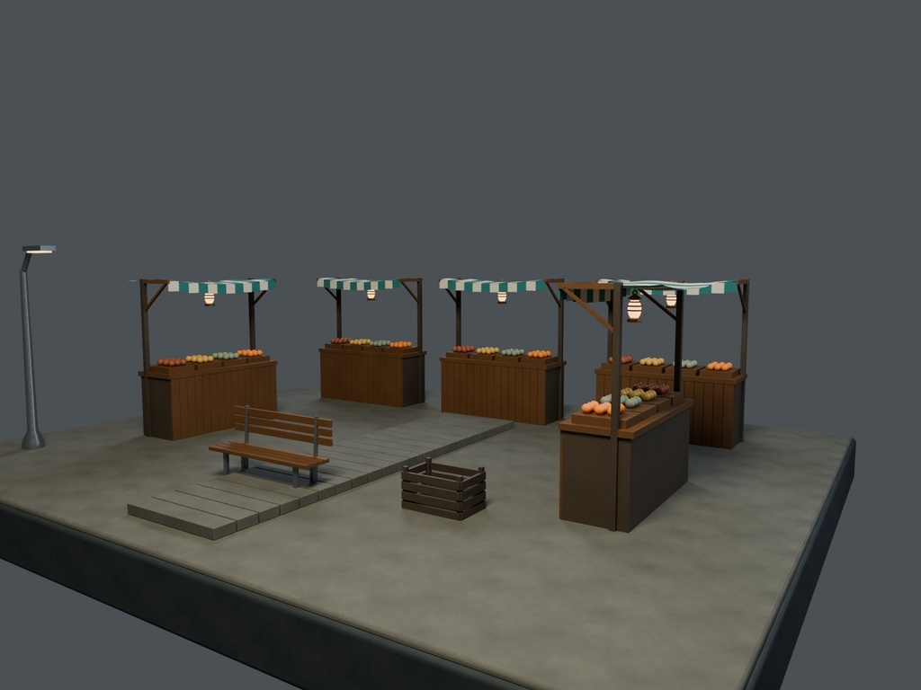 【3D背景】127 雨の駅前市場 / Station Rain Market【FBX・GLB・BLEND】