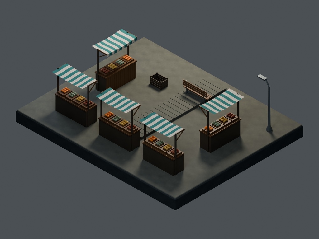 【3D背景】127 雨の駅前市場 / Station Rain Market【FBX・GLB・BLEND】