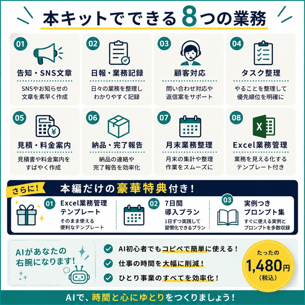 【おすすめ】AI仕事効率化キット|個人事業主・フリーランス向け|8業務+Excel