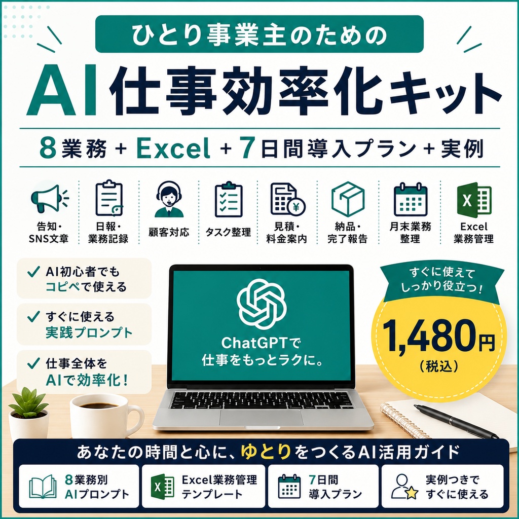 【おすすめ】AI仕事効率化キット|個人事業主・フリーランス向け|8業務+Excel