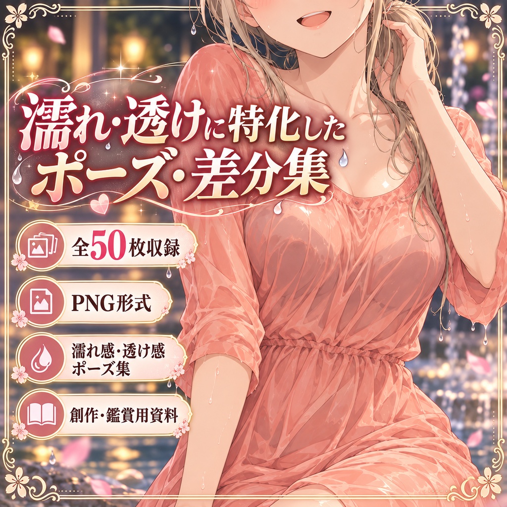 アニメ調|濡れ・透け表現に特化したポーズ・差分集 Vol.1【50枚】