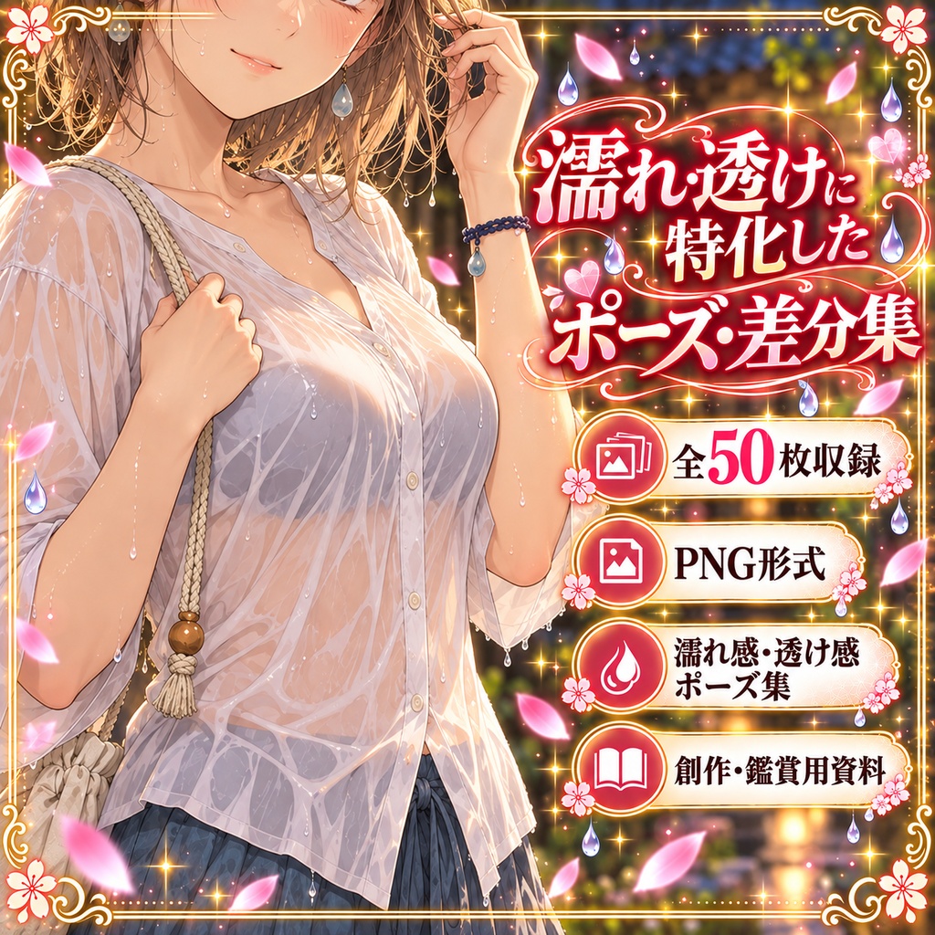 アニメ調｜濡れ・透け表現に特化したポーズ・差分集 Vol.3【50枚】