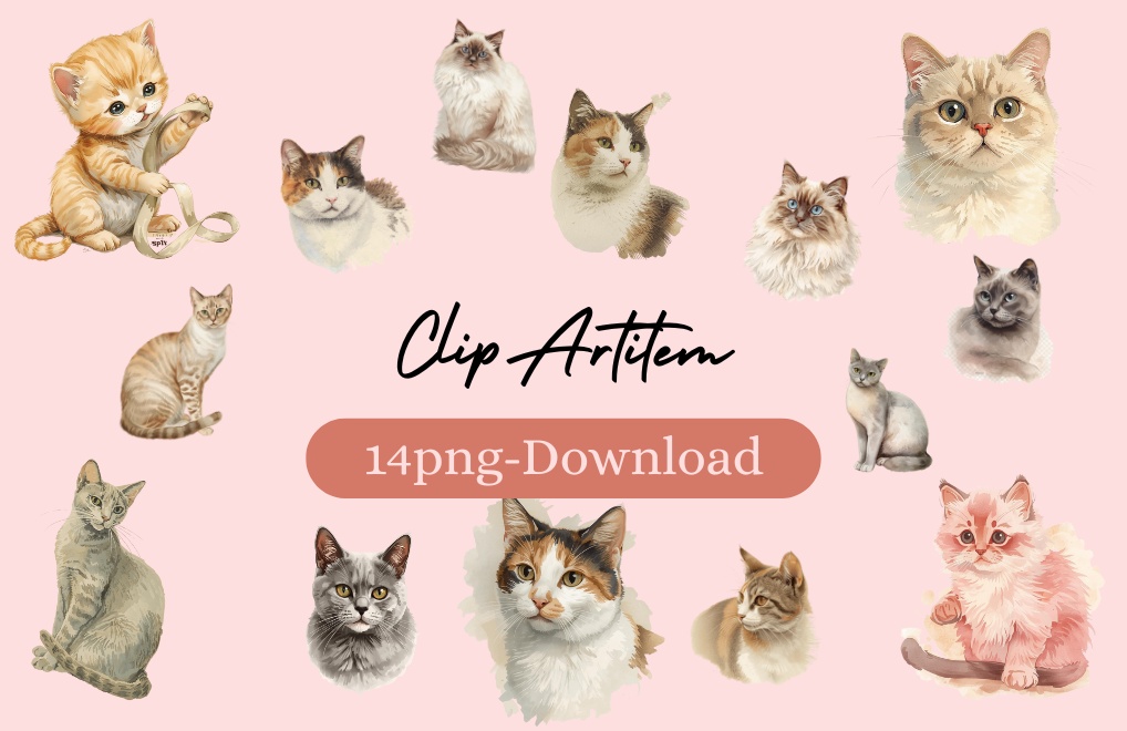 🎀 アンティーク水彩猫クリップアートセット 🎀