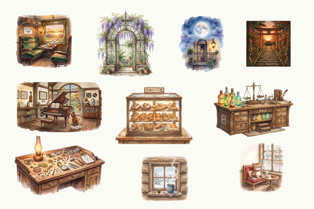 【背景・小物素材】絵本みたいなアンティーク空間 10点セット🎨✨|配信・TRPG向け