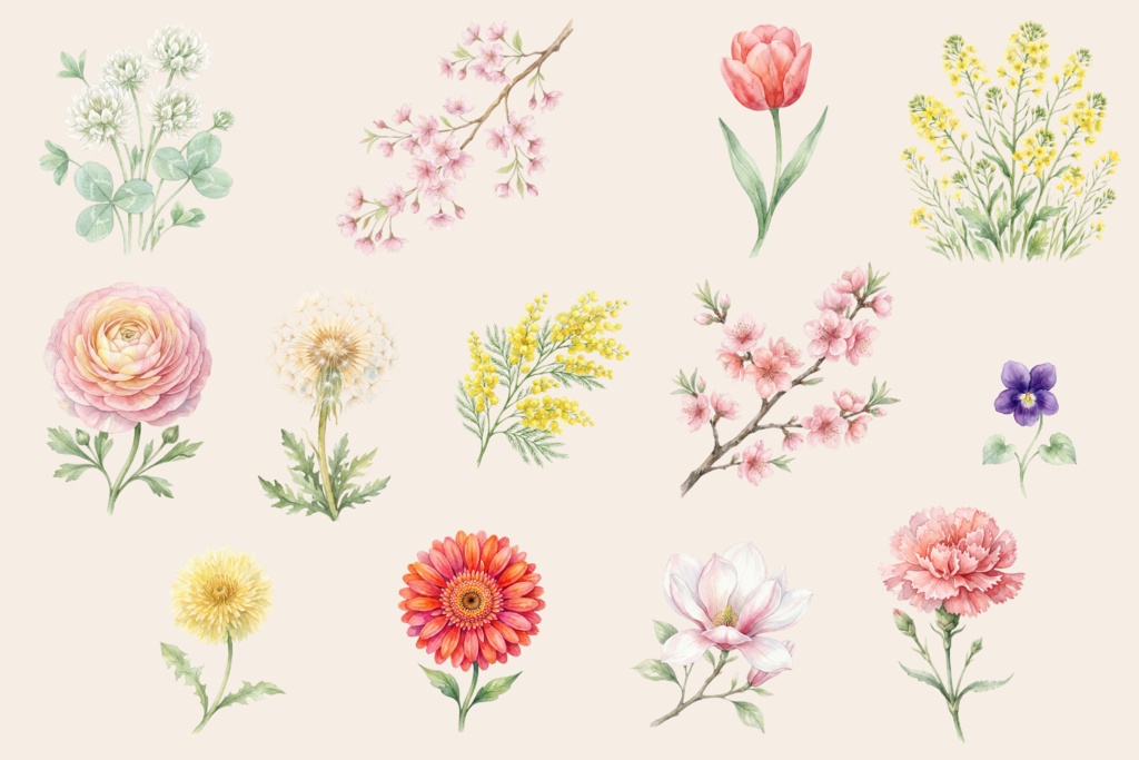 🌸 **水彩・春の花素材セット（背景透過PNG／13点）