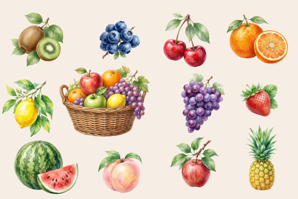 🍋 Watercolor Fruit Clipart Set – 12 PNG