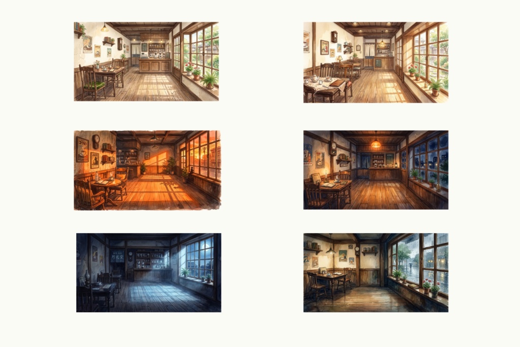 【背景素材】時間で変わる！レトロ喫茶店の店内 6枚セット☕️✨｜VTuber・配信・TRPG向け