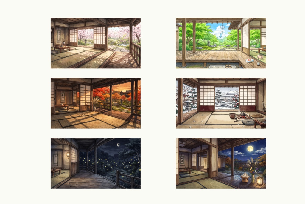 【背景素材】四季が移ろう和室の縁側 6枚セット🌸🍁｜VTuber・配信・TRPG向け