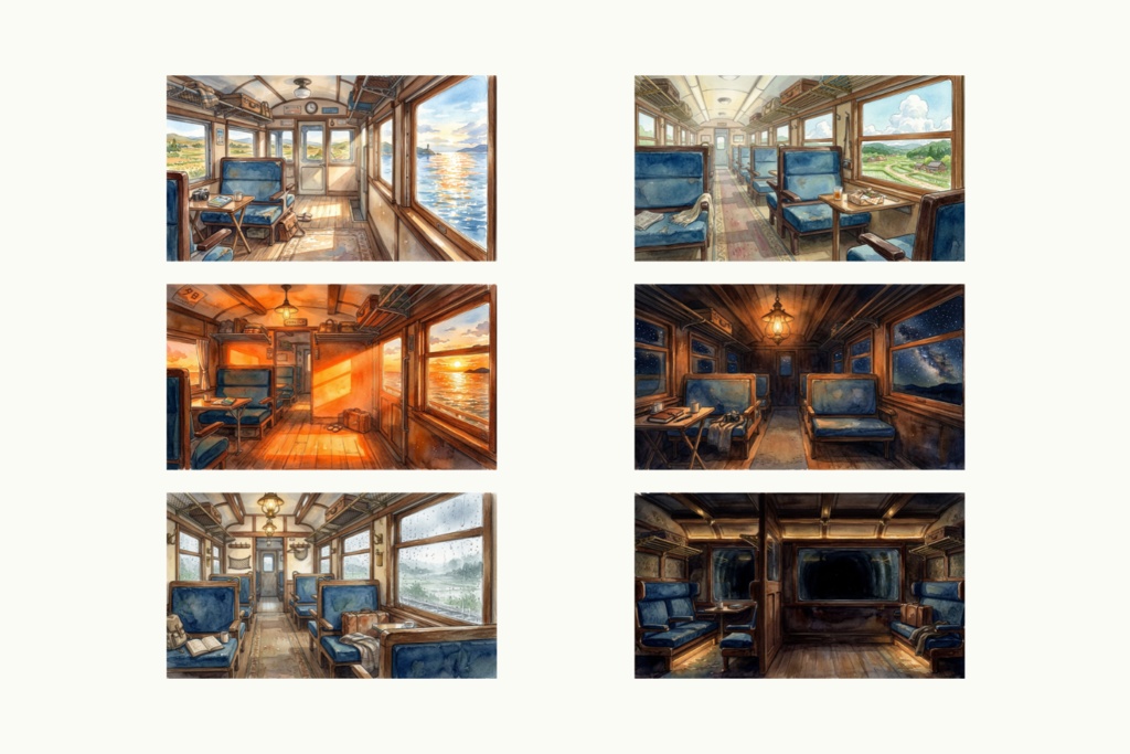 【背景素材】旅するレトロ列車の客室 6枚セット🚂✨｜VTuber・配信・作業枠向け