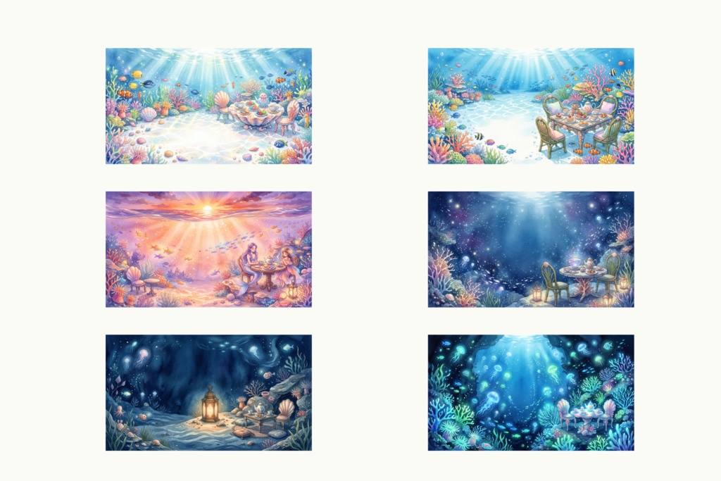 【背景素材】光が変わる！海の中の不思議なお茶会 6枚セット🐠🫖｜VTuber・ファンタジー向け