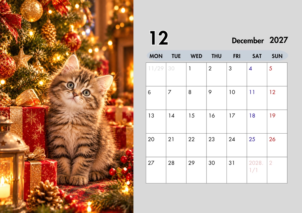【A4印刷用・PDF】2027年 カレンダー🐾四季を楽しむ愛らしい子猫たちの12ヶ月