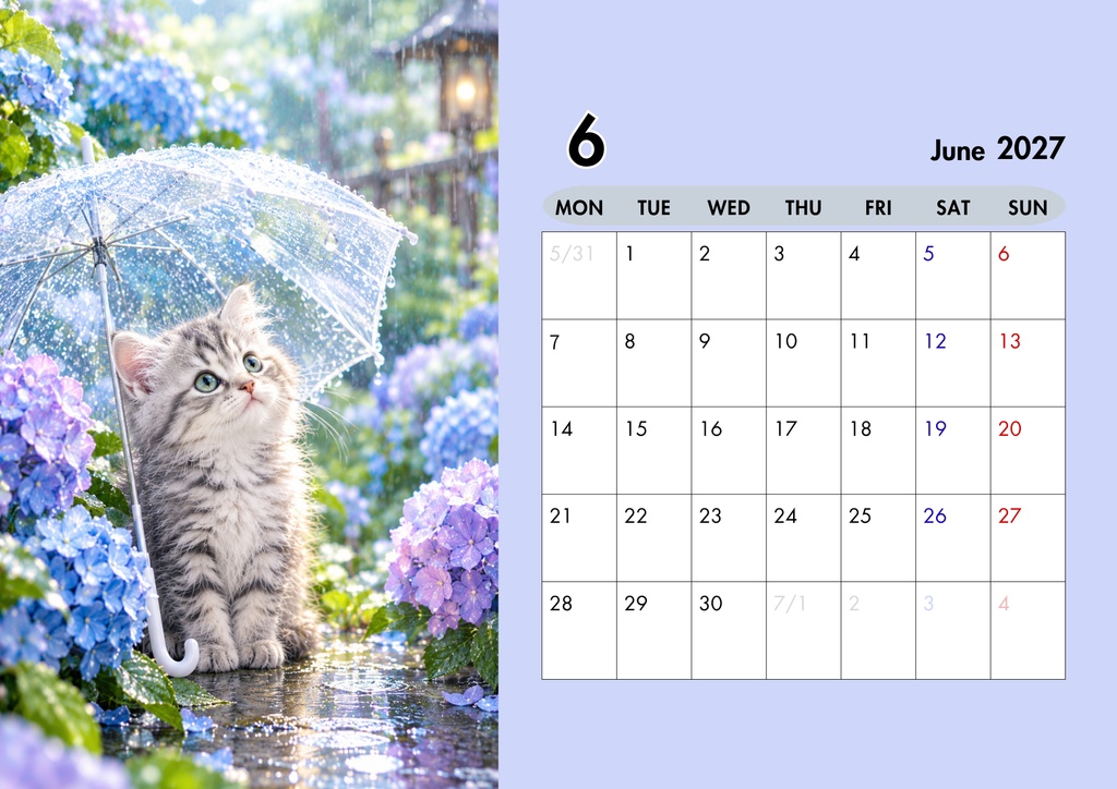 【A4印刷用・PDF】2027年 カレンダー🐾四季を楽しむ愛らしい子猫たちの12ヶ月