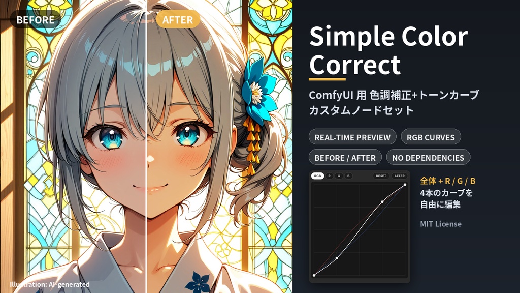 【ComfyUI】リアルタイムプレビュー付き 色調補正&トーンカーブ ノード「Simple Color Correct」