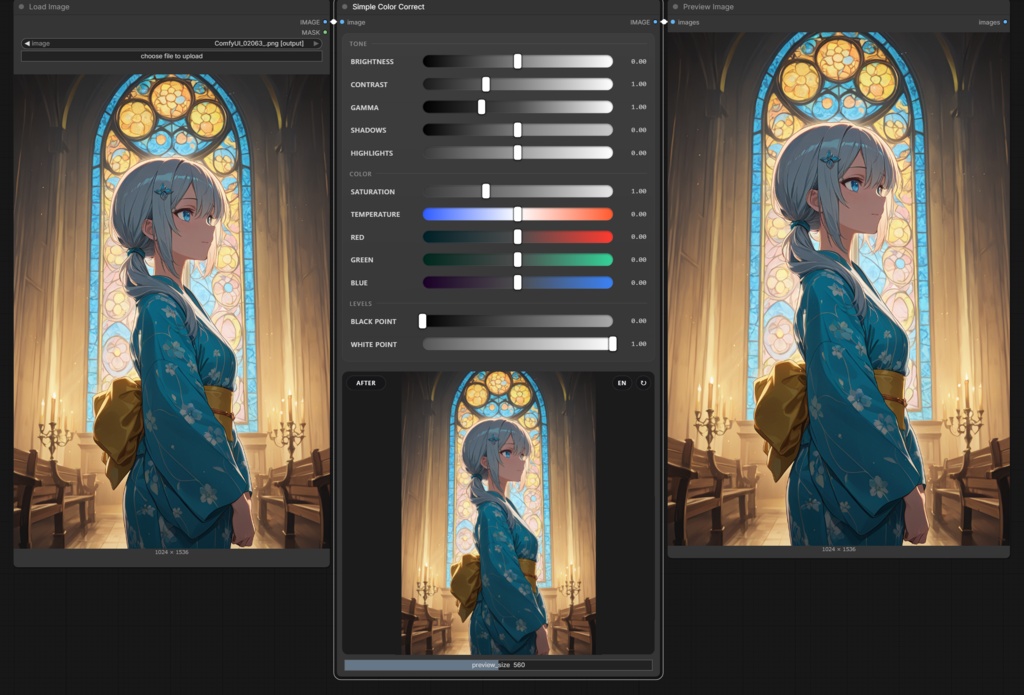【ComfyUI】リアルタイムプレビュー付き 色調補正&トーンカーブ ノード「Simple Color Correct」
