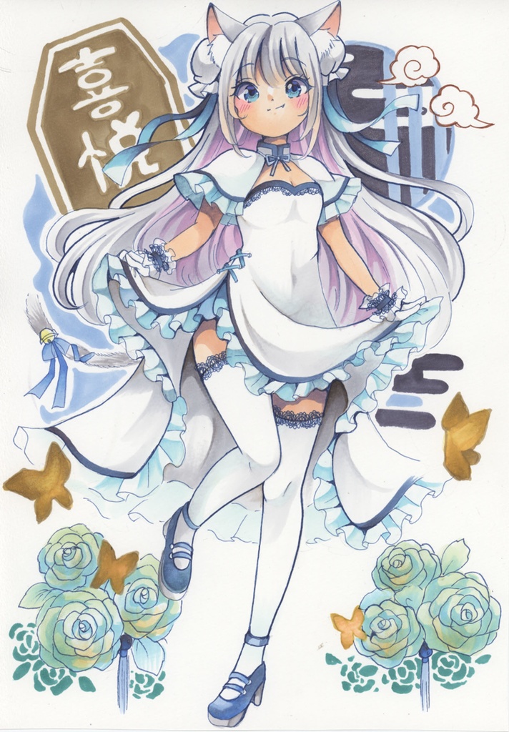 A4サイズ原画*ねこみみチャイナ(青)