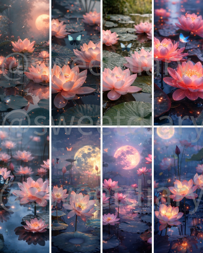 【全8枚セット】水面に咲く至福の蓮 - 幻想的な待受画像コレクション｜sweet