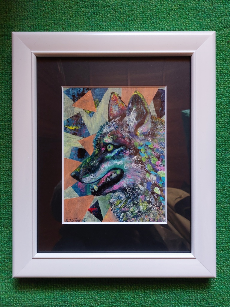 オオカミ絵画(油彩画・額装済)