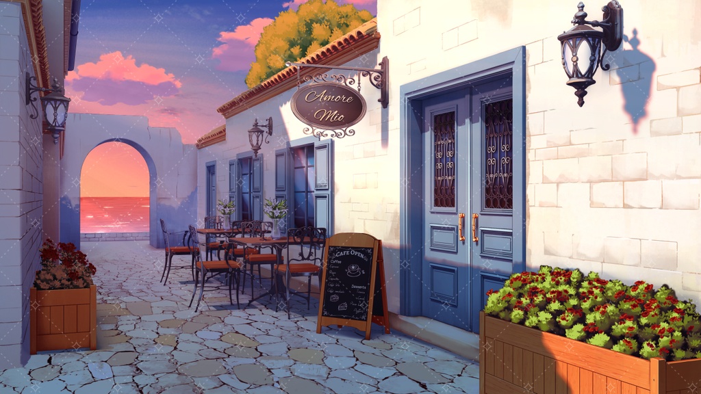 【Vtuber・配信向け】アニメ風カフェ通りの背景(昼・夕方・夜・雨・花火差分あり)
