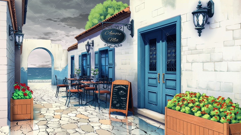 【Vtuber・配信向け】アニメ風カフェ通りの背景(昼・夕方・夜・雨・花火差分あり)