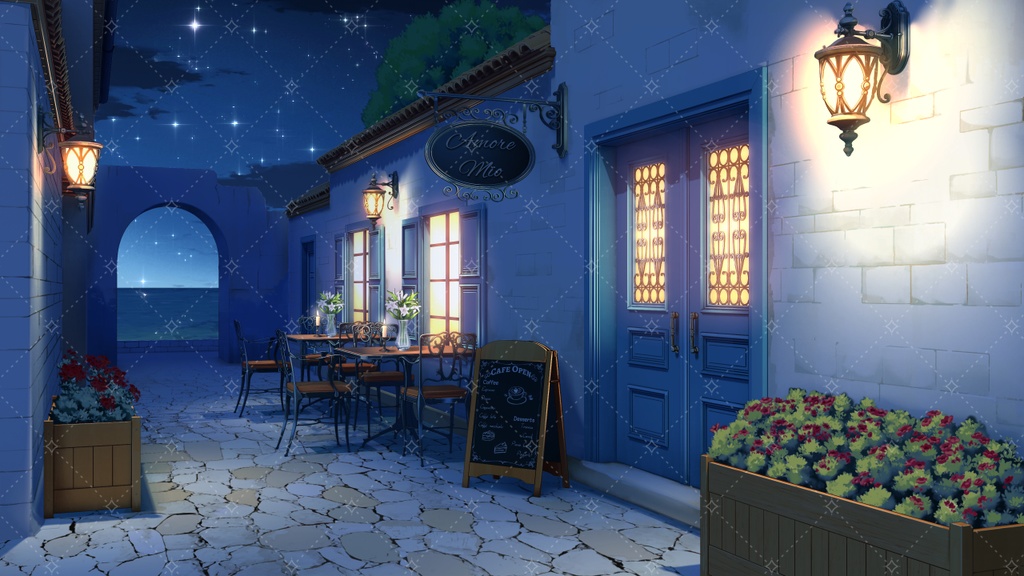 【Vtuber・配信向け】アニメ風カフェ通りの背景(昼・夕方・夜・雨・花火差分あり)