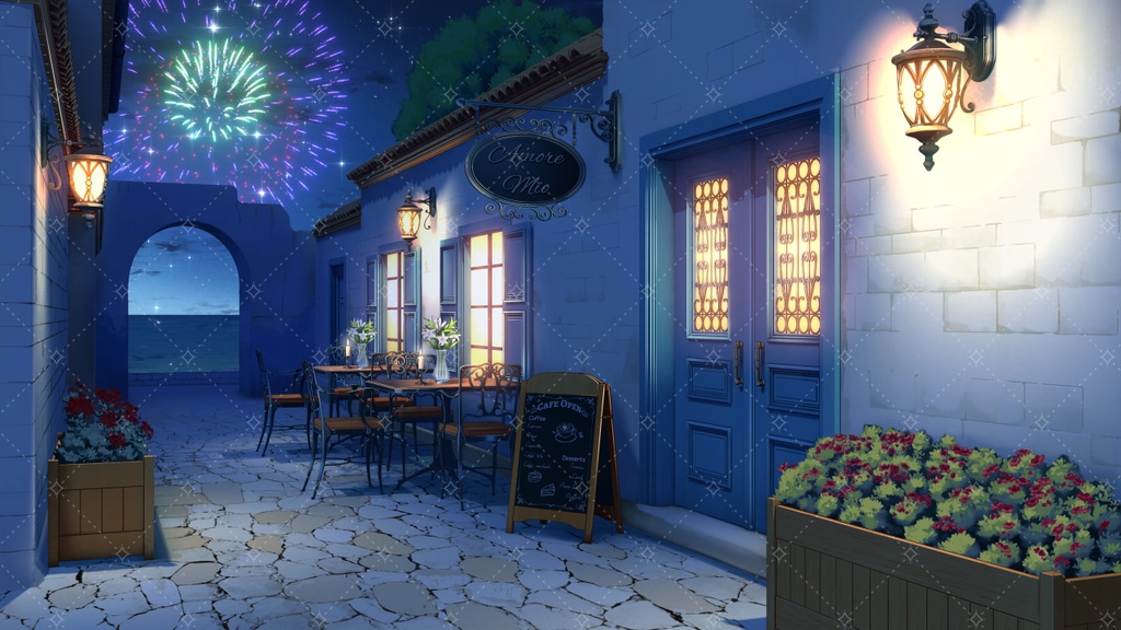【Vtuber・配信向け】アニメーション背景|アニメ風カフェ通り(昼・夕方・夜・雨・花火差分)