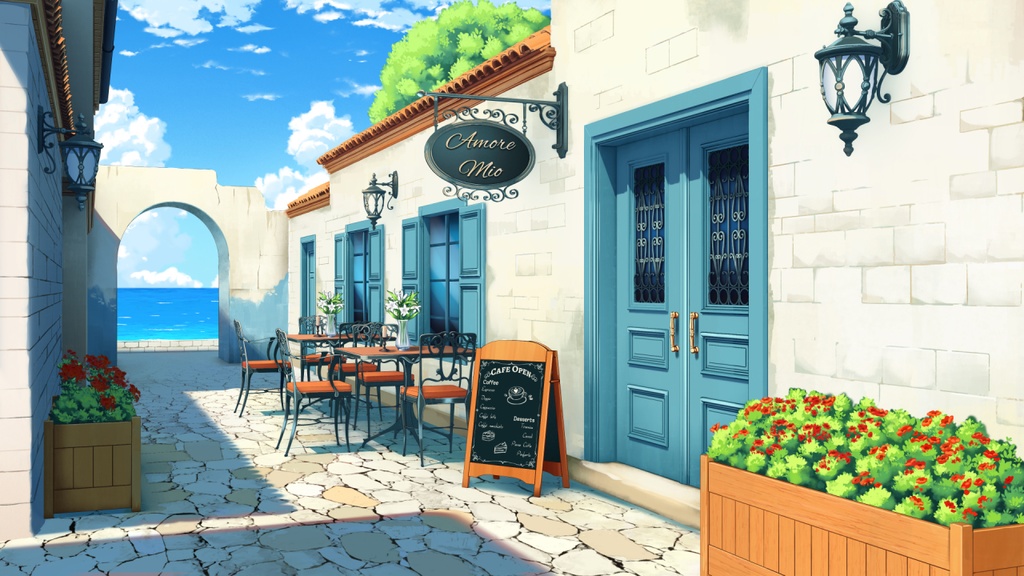 【Vtuber・配信向け】アニメーション背景｜アニメ風カフェ通り（昼・夕方・夜・雨・花火差分）