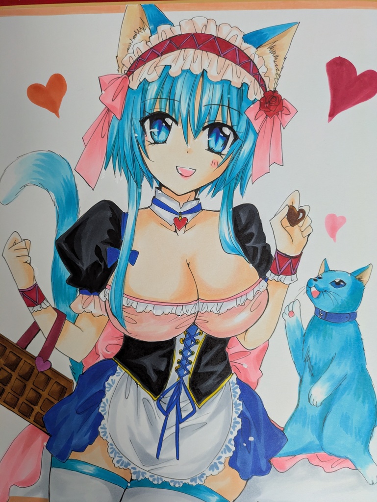 直筆大色紙！猫と一緒のバレンタイン💕ふ