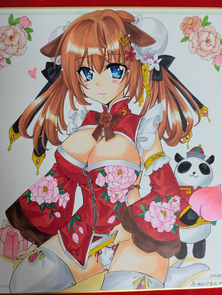 直筆大色紙！桃とパンダと少女と💕