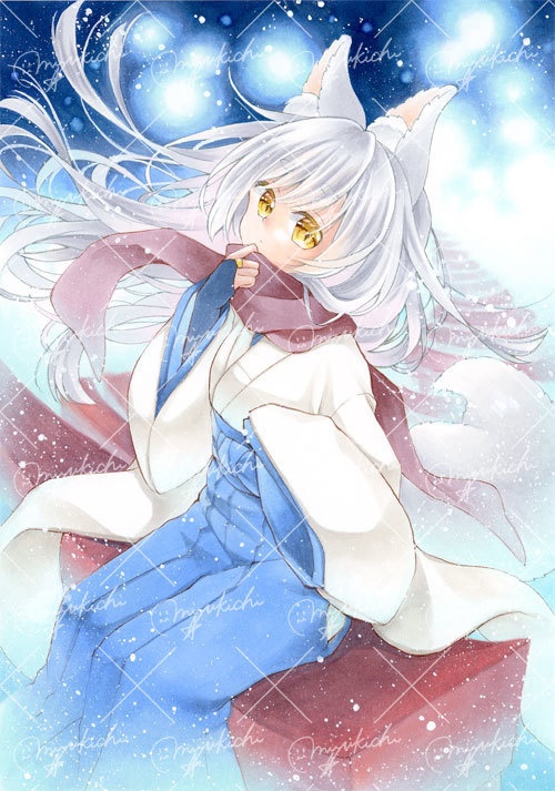 手描きイラスト*創作【狐巫女】A5サイズ