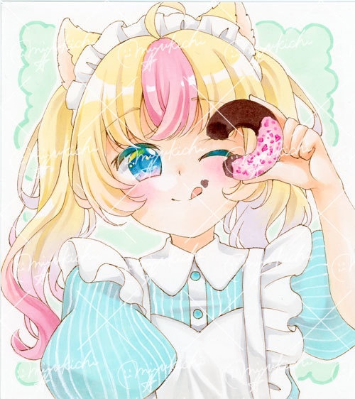 手描きイラスト*創作【ドーナツ いちご】小色紙サイズ