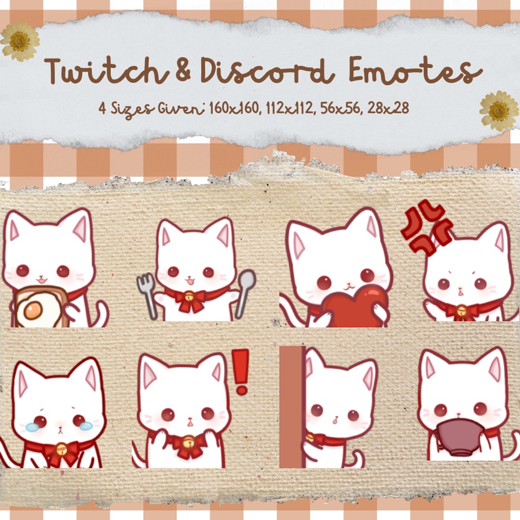White Cat Ribbon Neko Emotes for Twitch, Discord, YouTube, Vtuber Emote Emoji, Kawaii Ready to Use Instant Download 