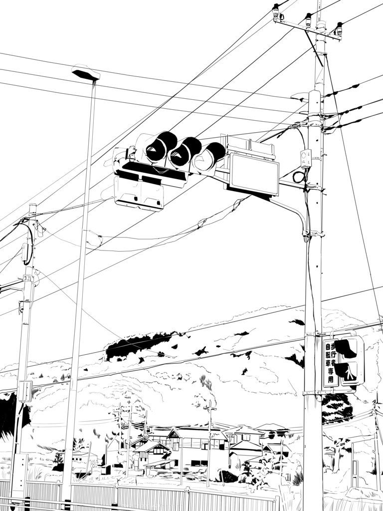 【漫画素材】信号機のある道路の漫画背景素材 V2【フリー】