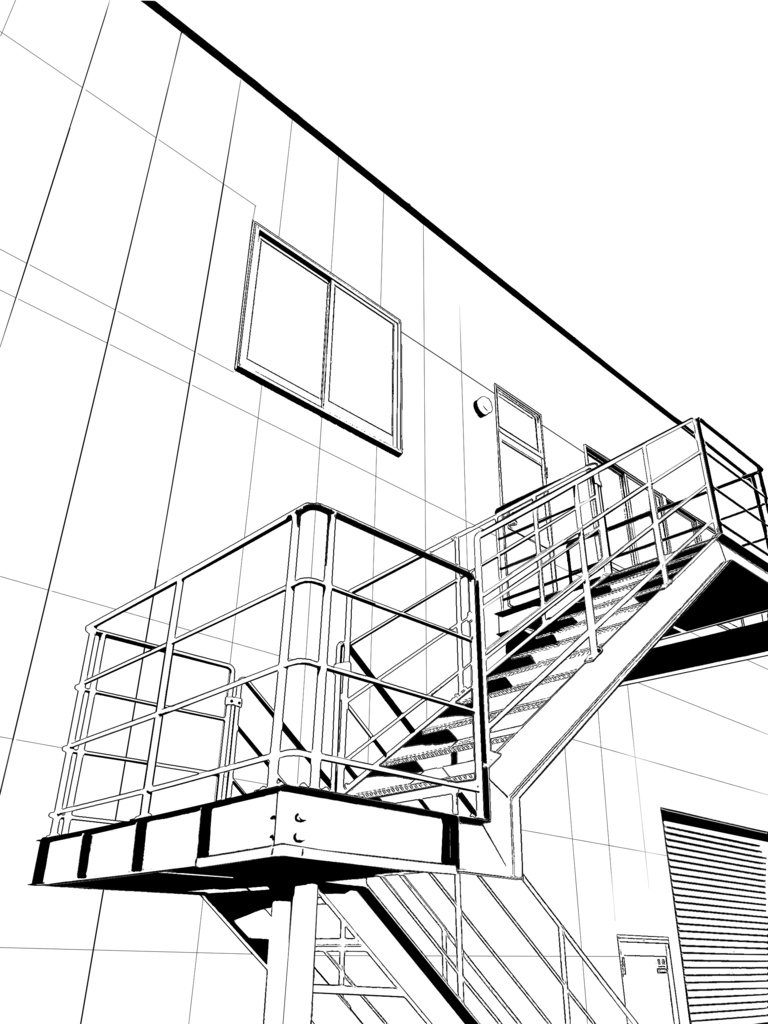 【漫画素材】鉄骨階段を煽り視点で見た建物の背景素材線画【3点透視】