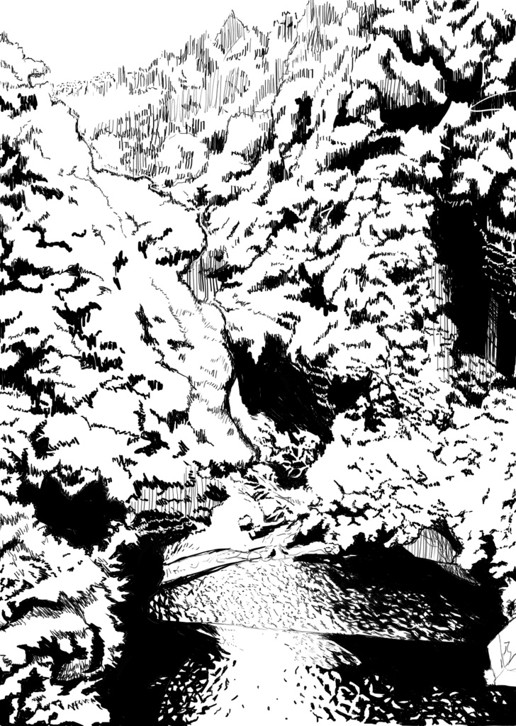 【背景】川と森　上空から【線画＋カラー】