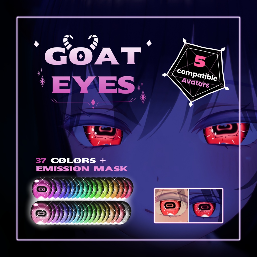 Stylized Goat eye textures [5 compatible avatars, 37 color textures + emission mask]