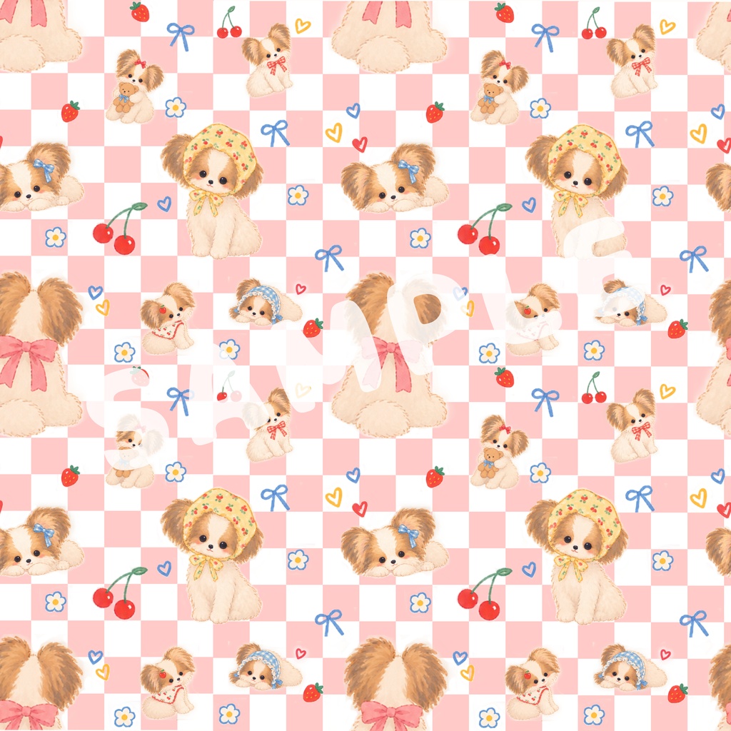 My Favorite Things|かわいい犬といちご デザインペーパー 3枚セット|A4横・PNG