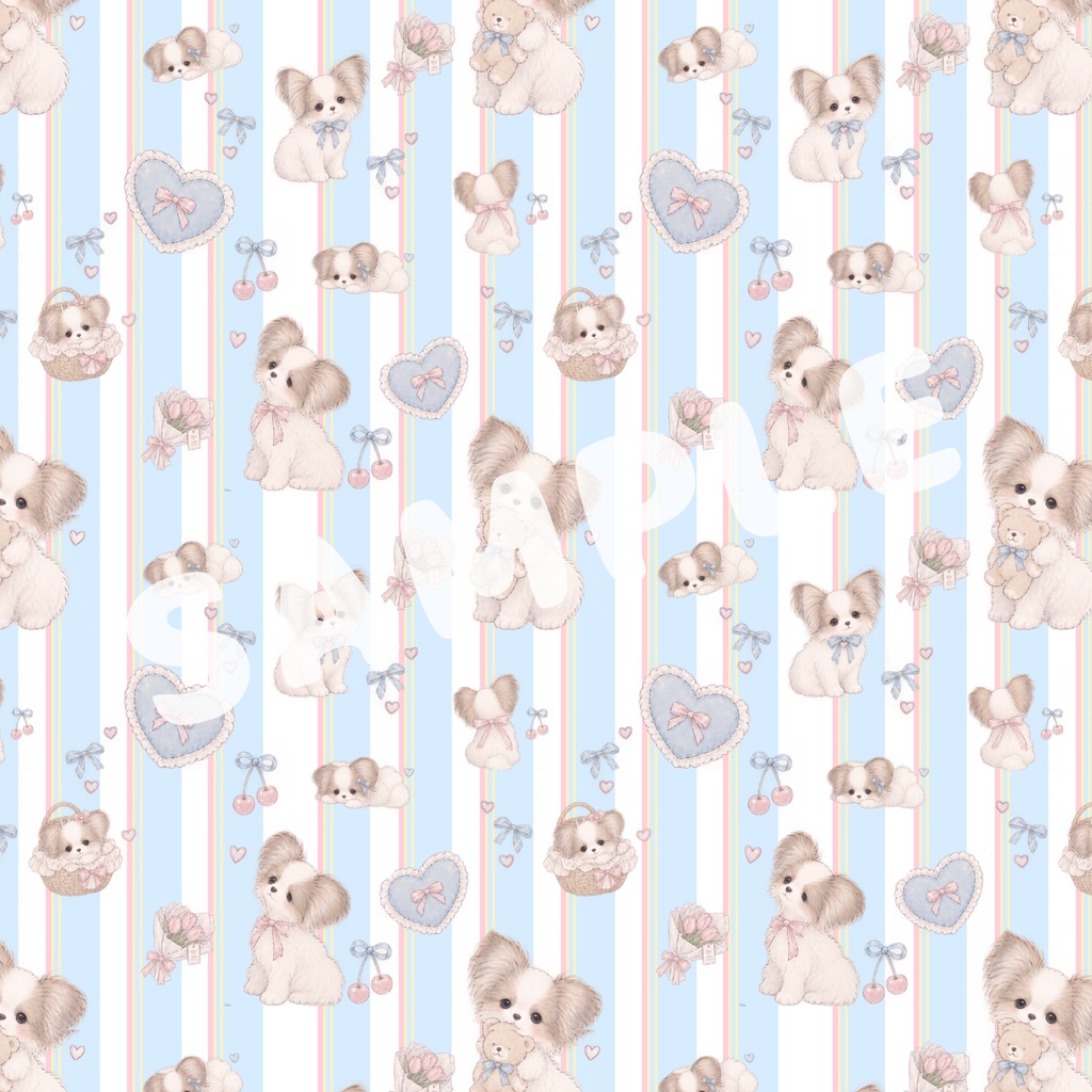 My Favorite Things|かわいい犬といちご デザインペーパー 3枚セット|A4横・PNG