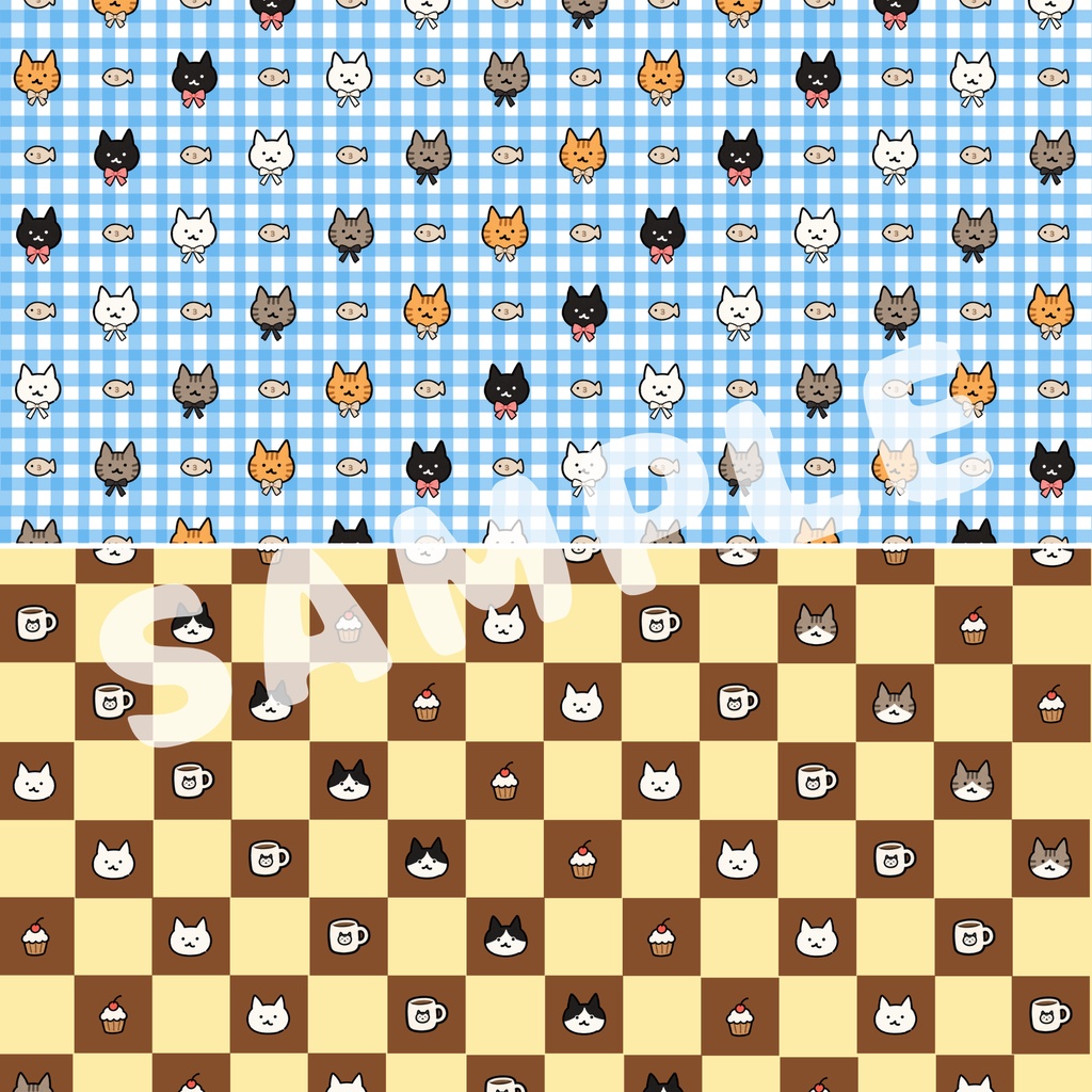 ゆるにゃんコレクション|猫柄チェック デザインペーパー 5枚セット|A4横・PNG